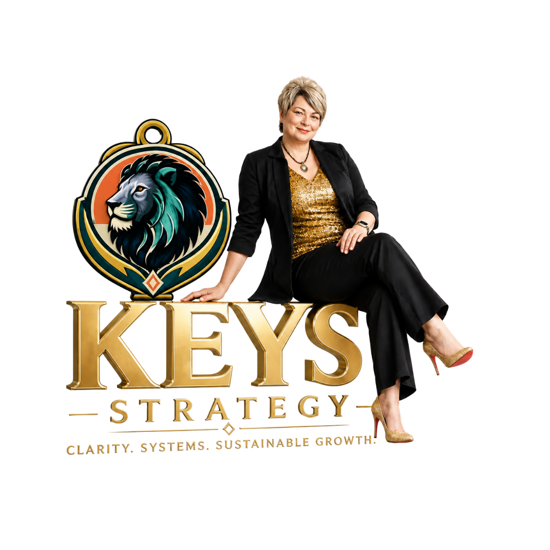 Patsy Alston seated on the golden KEYS Strategy letters beside the lion compass emblem